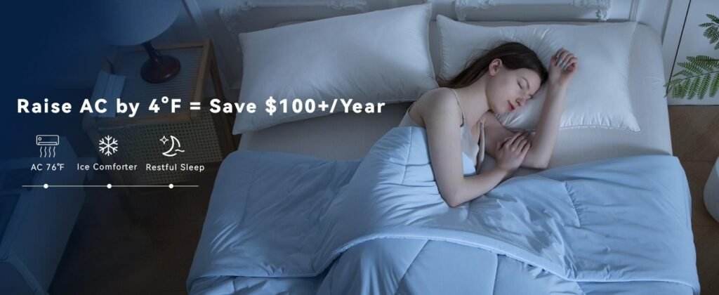 a girl deep sleep in blue cooling comforter